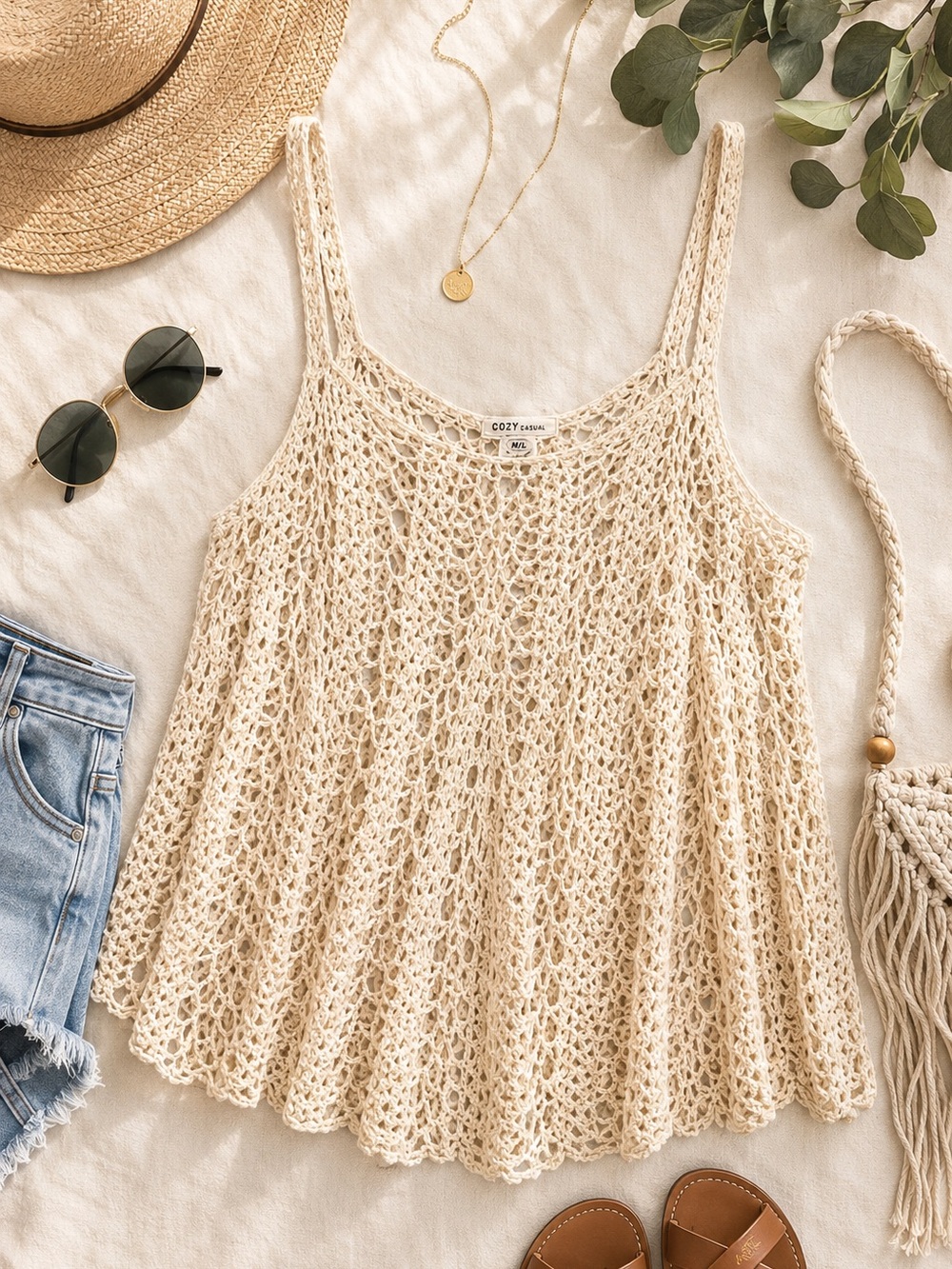 Cozy Casual Crochet Mesh Tank Top Boho Festival Beach Cotton M/L Cream E24